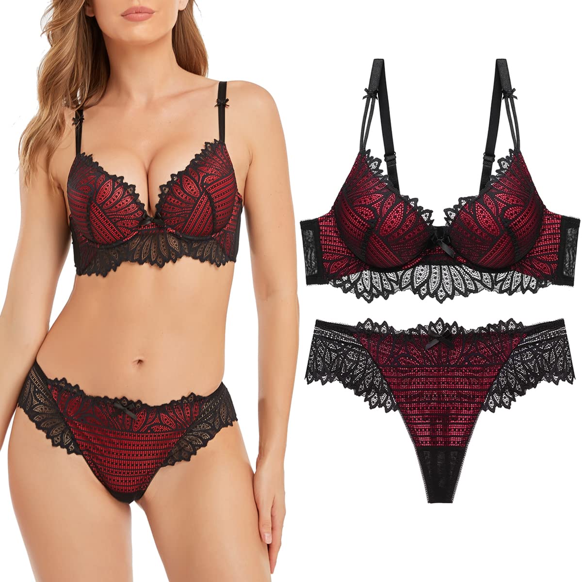 Photo 1 of Womens Lace Bra Set Sexy Bra and Panty Set Underwire Push Up Bra Lingerie Everyday Bras for Women- 4 Hooks & 4 Rows (38B, RED, B)