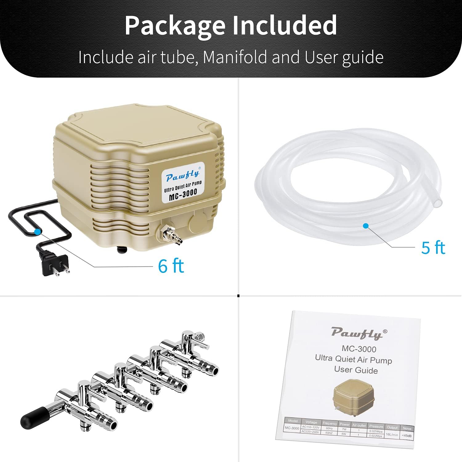 Pawfly 7 W 254 GPH Commercial Air Pump 4 Outlets Manifold Quiet Oxygen Aerator Pump for Aquarium Pond : Pet Supplies