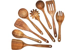 Wooden Spoons for Cooking,Natural Teak Wooden Kitchen Utensils Set (8 PCS)