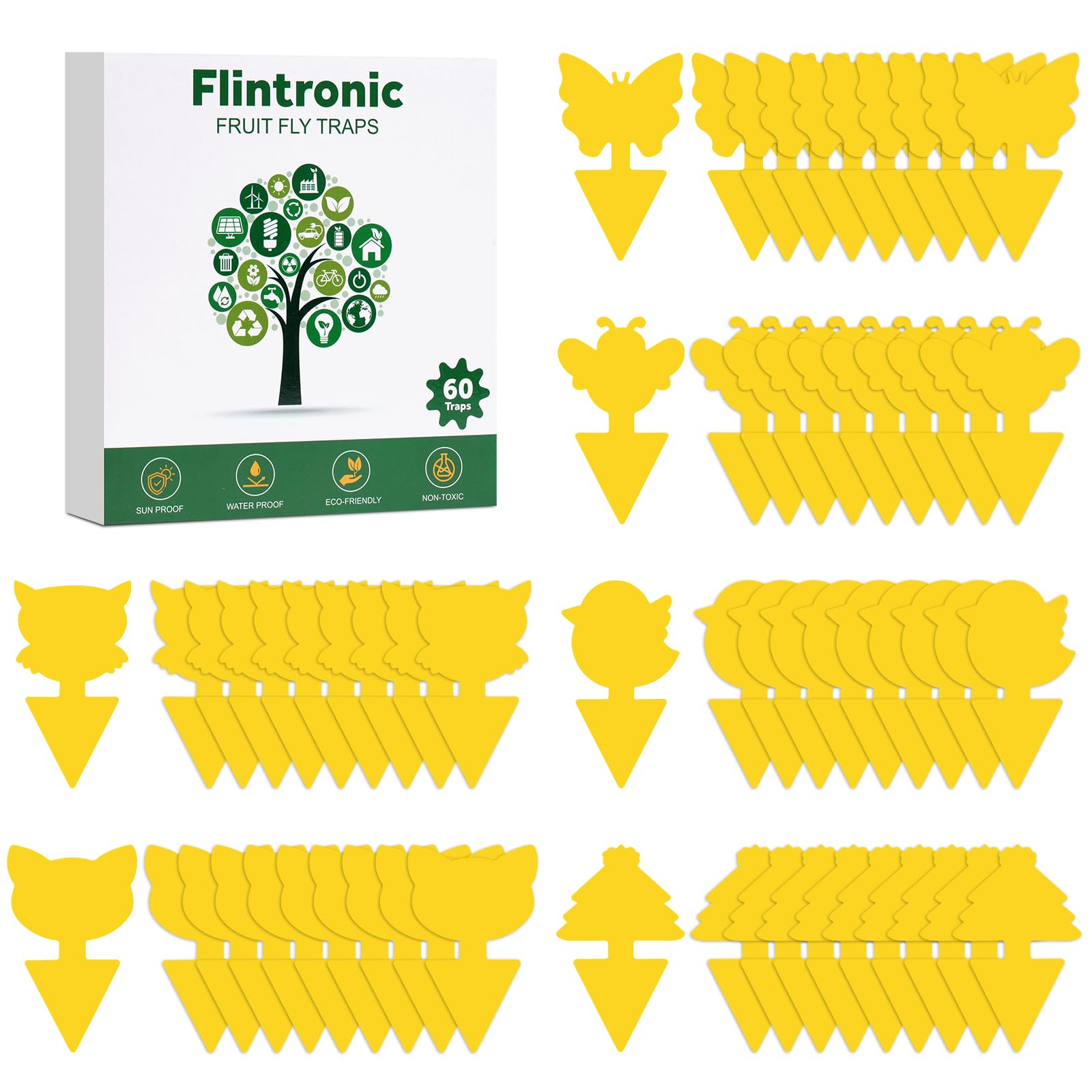 Flintronic Fruit Fly Traps, 60 Pack Yellow Double-sided Fungus Gnat Sticky Catcher, Double-Sided Fly Catchers, for Protect Plants and Control Multiple Insects