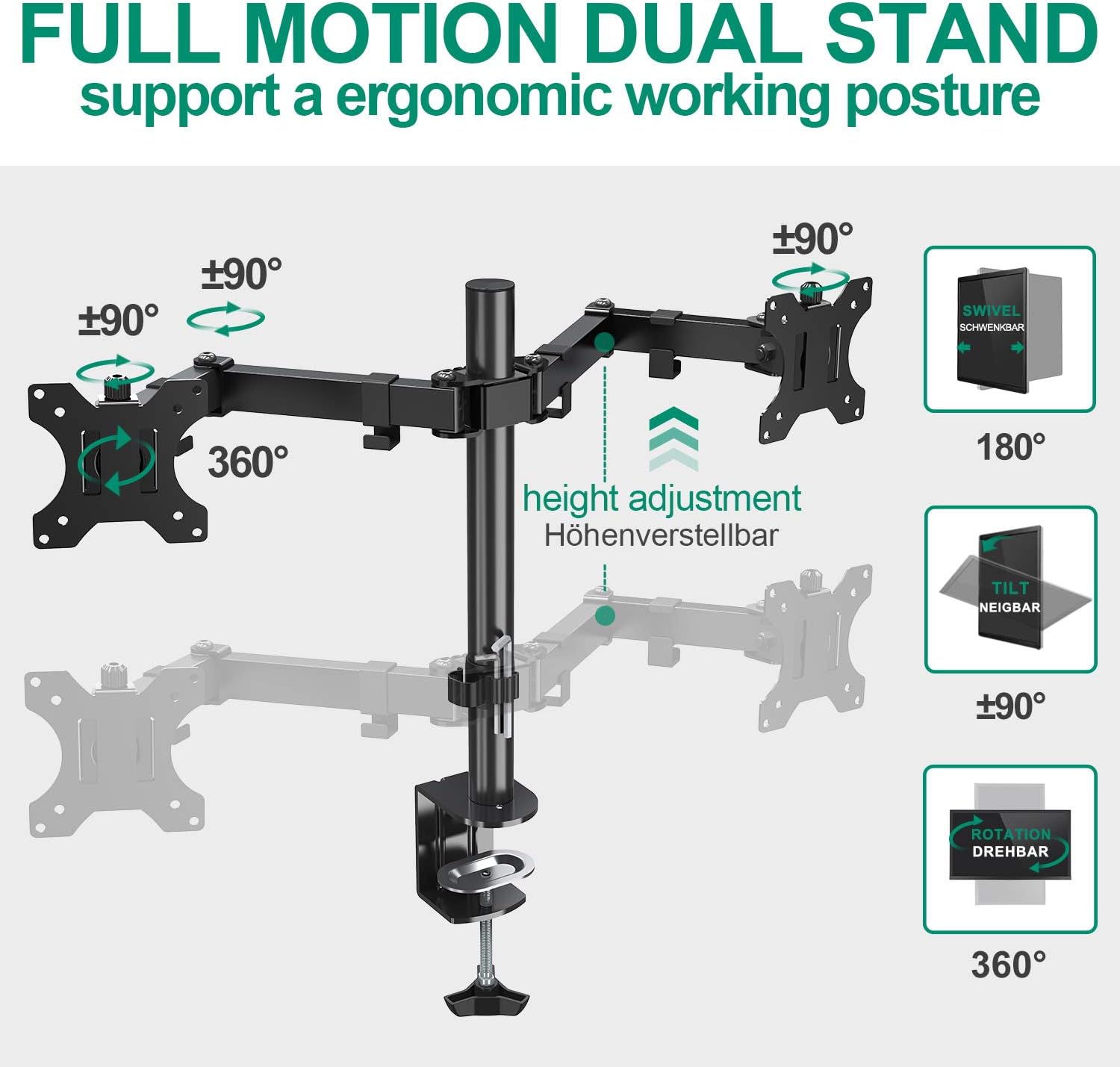 ELIVED Dual Monitor Arms for 13-32 inch LED LCD Screens, Flat/Curved, VESA 75/100mm, Adjustable Height, Tilt & Swivel, Up to 8KG, EV002 - Image 5