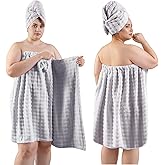 REDKISS Grey Towel Wrap for Women, XL Spa Shower Wrap with Hair Towel, Super Absorbent Bath Towels Robe for Body, Adjustable Microfiber Plush Bathrobe for Girls, Warmth Velcro Plus Size Wraps Towels