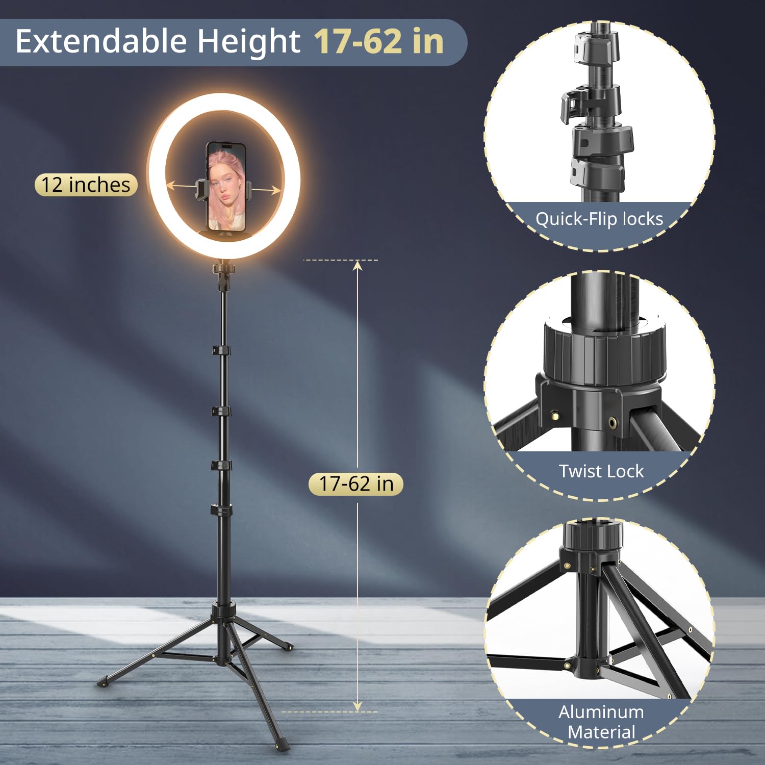 UBeesize 12” Selfie Ring Light with 62” Extendable Tripod Stand & Remote, LED Circle Light with Phone Holder for Video Recording/Makeup/Content Creator (YouTube/TikTok/Twitch), Phone, Camera & Webcam