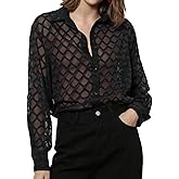 MakeMeChic Women's Long Sleeve Mesh Sheer Collared Button Down Shirts Blouse Tops