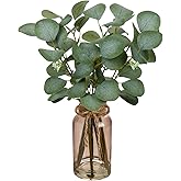 Briful Artificial Eucalyptus Stems in Teal Glass Vase with Faux Water, 14" Fake Plant Eucalyptus Leaves for Home Farmhouse Wedding Centerpiece Bathroom Décor