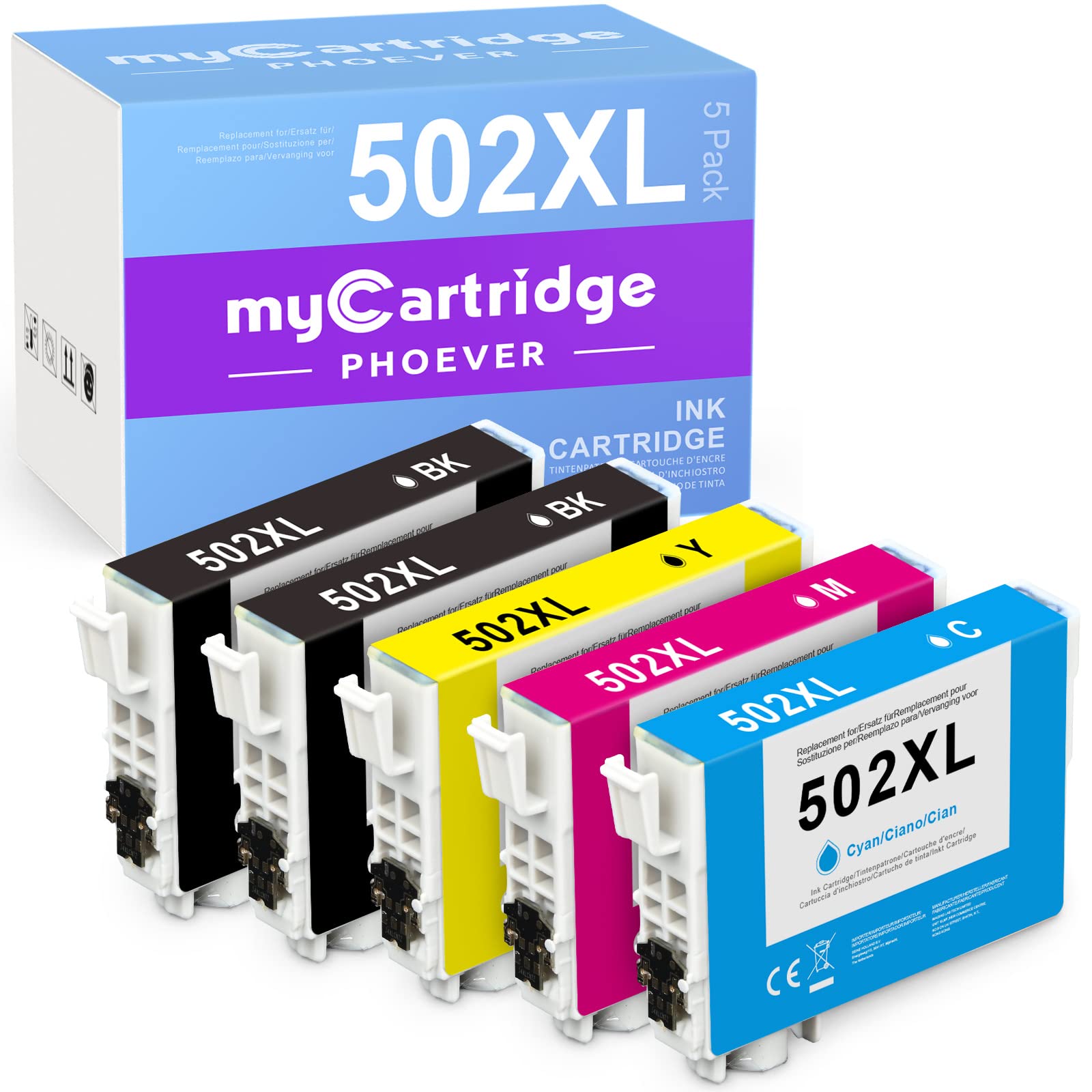 myCartridge PHOEVER 502 XL ink Cartridges Multipack Compatible for Epson 502XL Ink,Expression Home WF-2860 XP-5100 XP-5150 WF-2860 WF-2880 XP-5105 WF-2865 Cartridges（5-pack）