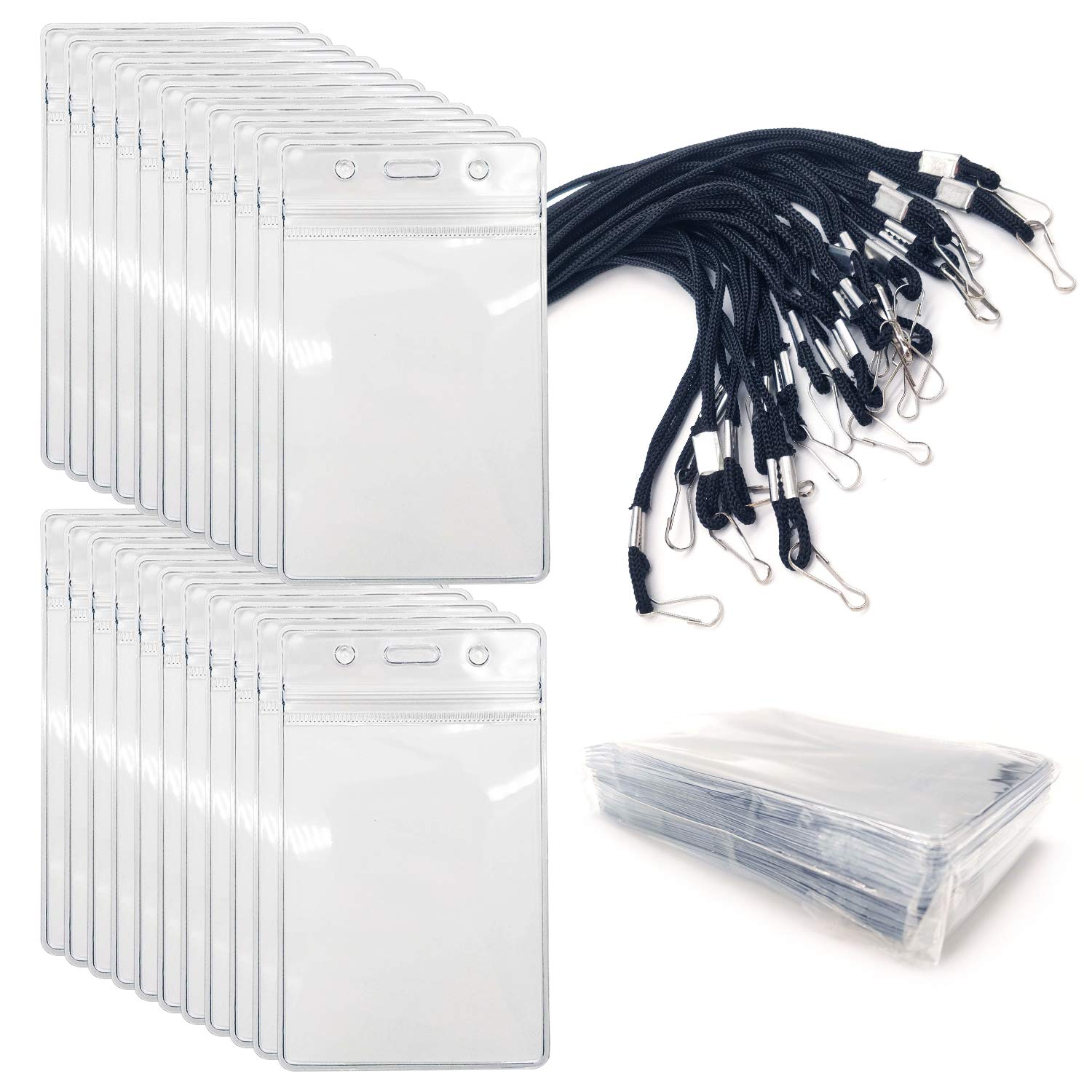 20Pcs Clear Plastic Vertical Name Tags Badge ID Card Holds and 20Pcs Neck Lanyards with Metal Hook for Business Exhibition Office Group Students Adult