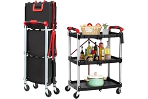 Garvee Folding Service Cart, Collapsible Utility with Wheels, 3 Tier Rolling Cart for Moving Equipment, Tools, Files, Garden 