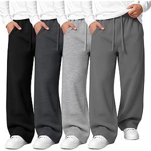 YooAurvox 4 Pack Boys Wide Leg Sweatpants 6-16Y | Open Bottom, Baggy Fit, Elastic Drawstring Waist, Pockets, Athletic, Sports