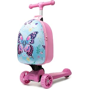 MYHSBYO Kids Suitcase Scooter Ride On Luggage 2-1 Set for Girls Foldable & Lightweight Carry Scooter Luggage for Ages 5-12 Pu