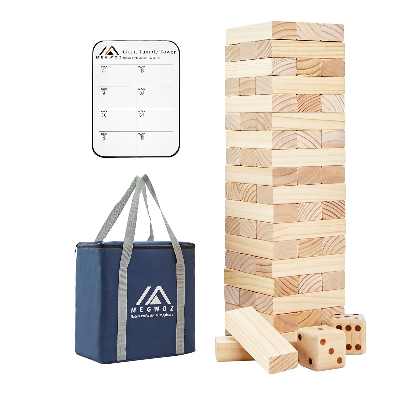 Photo 1 of Megwoz Giant Tumble Tower Games for Kids and Adults 57 Blocks New Zealand Pine Wooden Blocks Stacking to Over 4.2FT Family Game for Indoors Outdoors Yard Games for Family