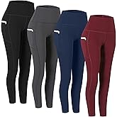 Fengbay 4 Pack High Waist Yoga Pants, Pocket Yoga Pants Tummy Control Workout Leggings 4 Way Stretch Leggings with Pockets