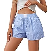 SHBECYDE Casual Striped Summer Shorts for Women Button Elastic Waist Loose Boxers Bottom with Pockets Comfy Pajama Shorts