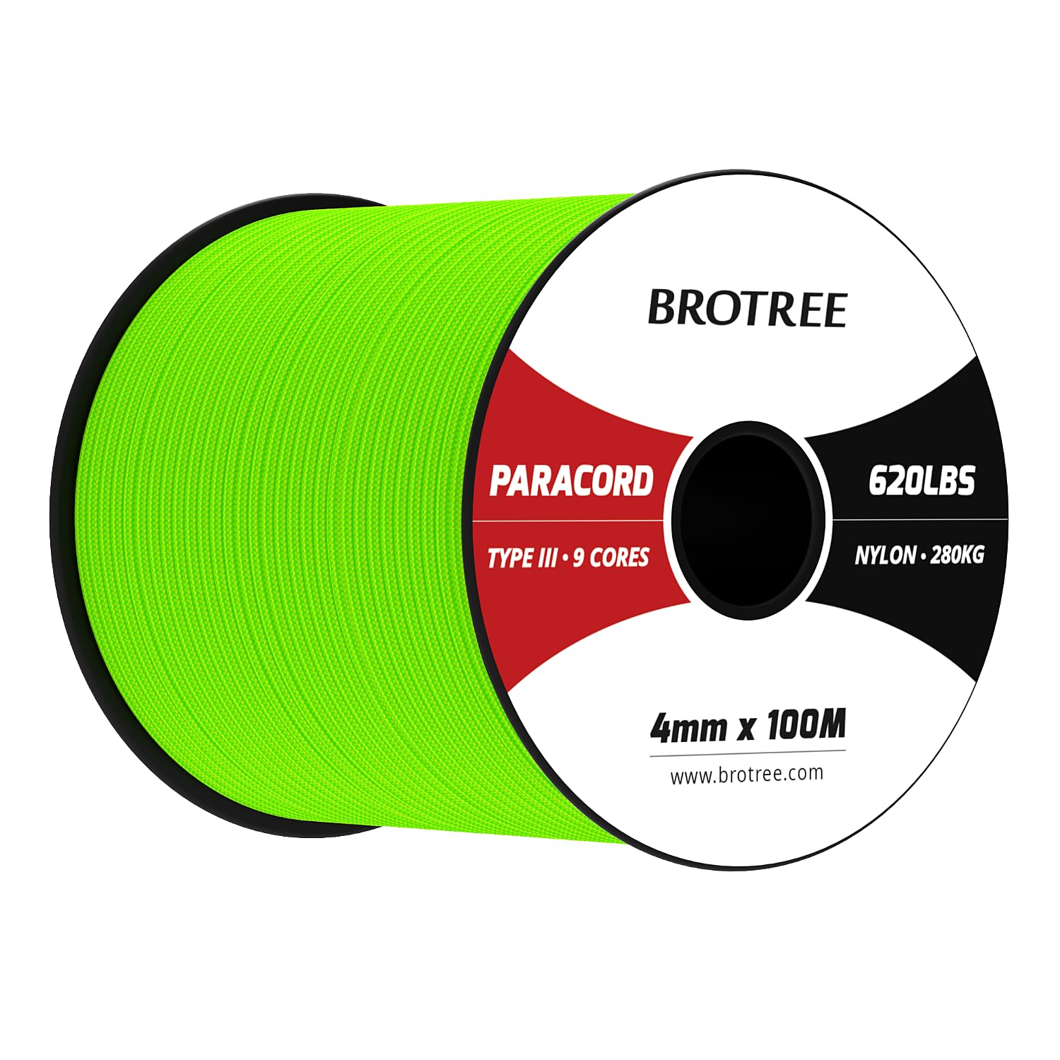 Brotree Paracord 4mm 100M 9 Strands 100% Nylon Rope Type 3 Parachute Cord for Outdoor, Bracelet, DIY - 280kg Breaking Load (Neon Green)