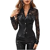 SweatyRocks Women's Contrast Lace Button Down Long Sleeve PU Leather Flap Pocket Blouse Tee Tops