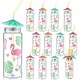 SiliFine 12 Pcs 14 oz Hawaiian Cups Flamingo Plastic Cups with Lids and Straws, Reusable Tropical Tumblers Hawaiian Clear Plastic Tumblers Fluorescent Straws with Umbrella for Summer Beach Luau Party