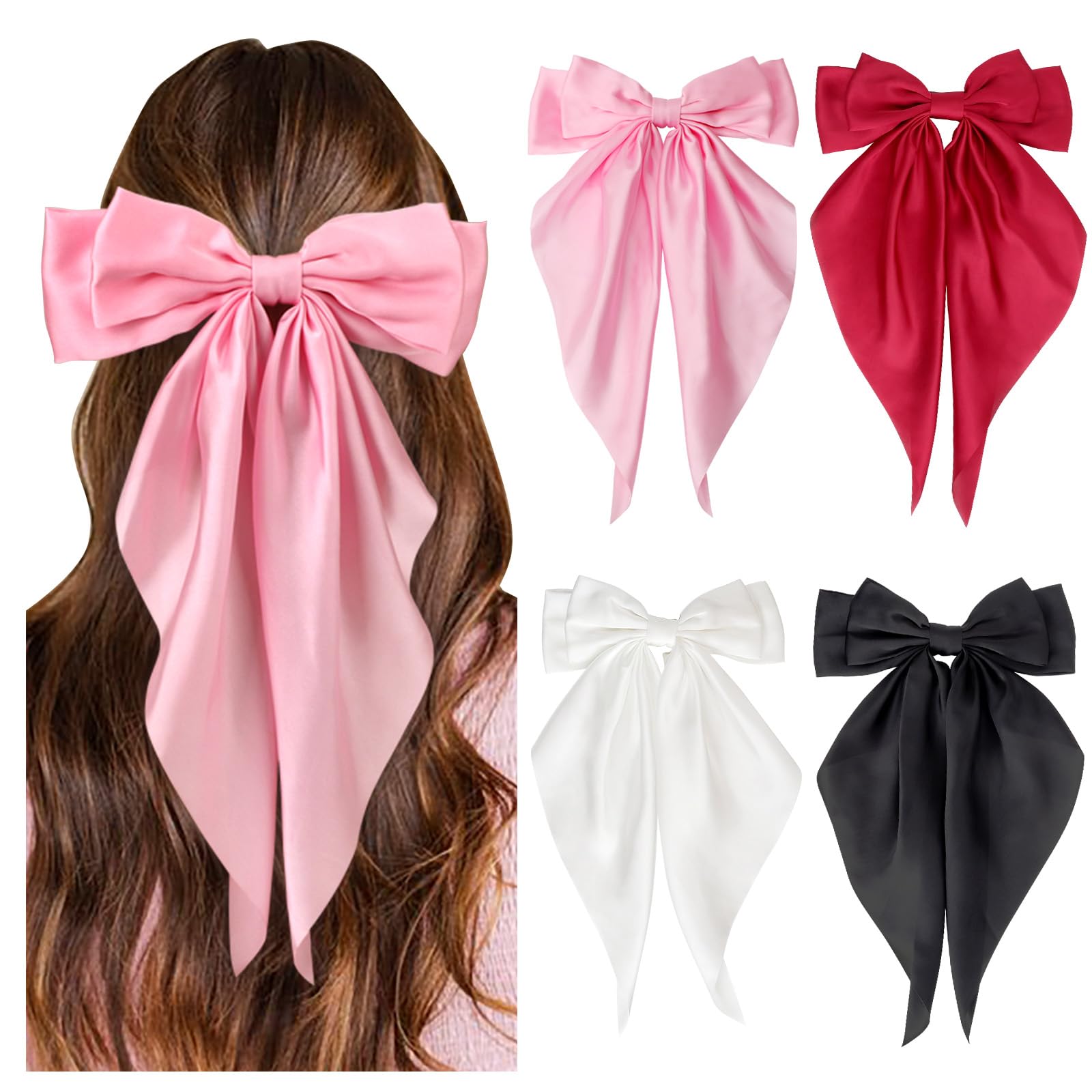 DRESHOW Women's 4 Pcs Large Ribbon Bow Hair Clips with Oversized Long Tail Fashion Hair Barrettes