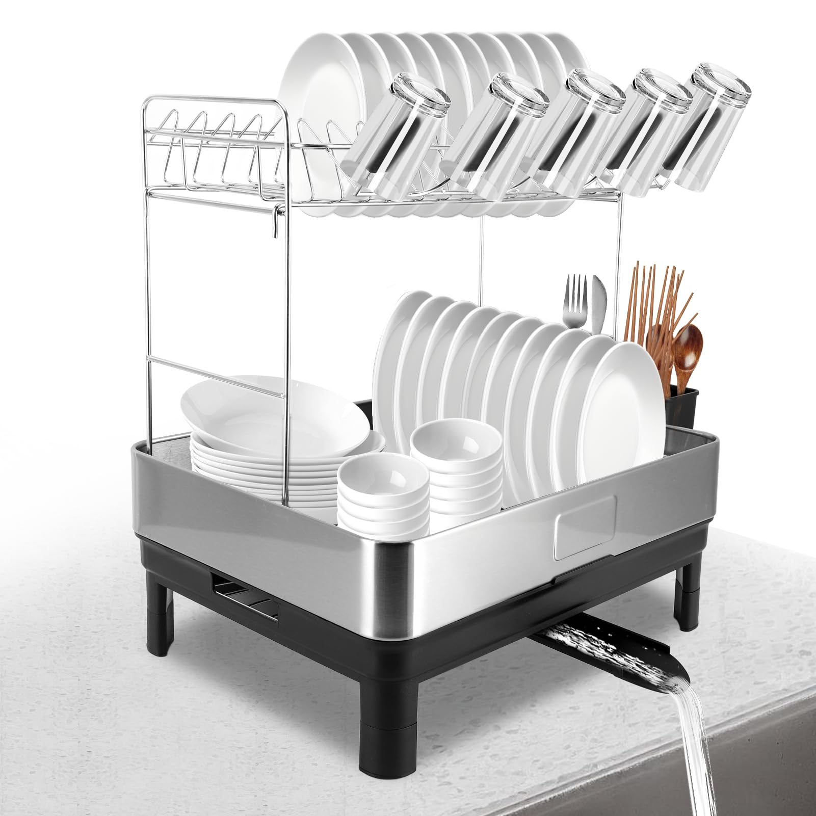 Photo 1 of **SELLING FOR PARTS---CHECK CLARK NOTES--**Gugxiom 2 Tier Dish Drying Rack, 304 Stainless Steel Dish Drainer for Kitchen Counter, Extra Large Dish Rack with 360° Rotatable Drain Spout & Cup Holder