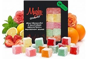 Mughe Gourmet Turkish Delight Candy Elegant Gift Box - 7oz/200g- Halal, Vegan Lokum Fruit Flavors Rose, Strawberry, Lemon, Or