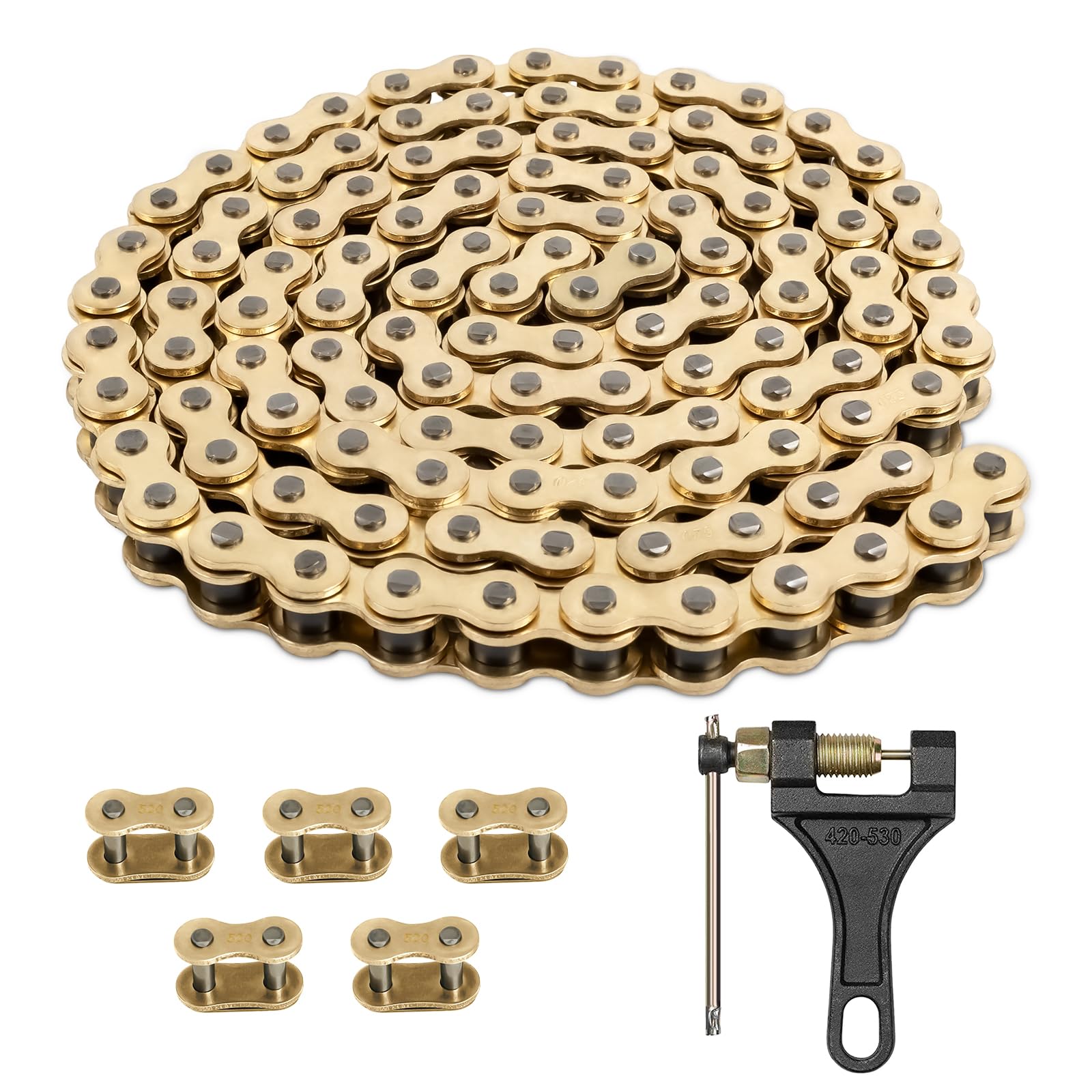 Photo 1 of Belleone 520 Gold Motorcycle Chain 114 Links with Chain Breaker, 520 Drive Bike Roller Chain with 5 Master Links for 250cc 300cc Series DRZ250 RMZ250 KX250 KX450F CRF250R CRF450R YZ250F YZ450F