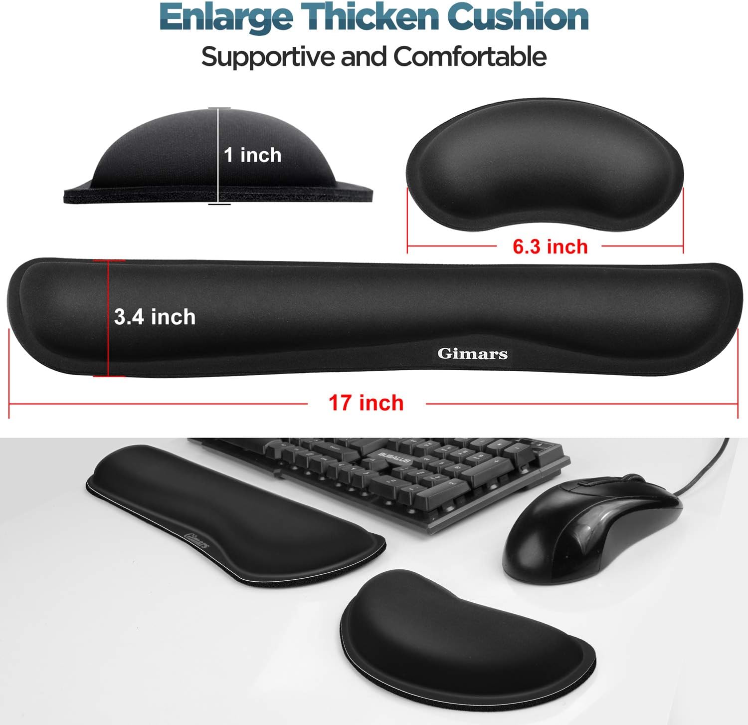 Gimars Upgrade Enlarge Gel Memory Foam Set Keyboard Wrist Rest Pad, Mouse Wrist Cushion Support for Office, Computer, Laptop, Mac, Comfortable, Lightweight for Easy Typing Pain Relief, Black : Office Products