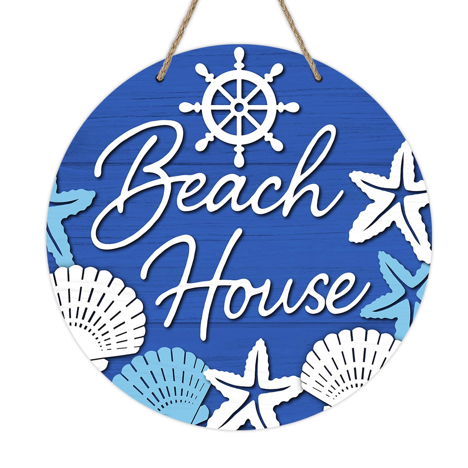 Photo 1 of Deroro Beach House Navy Blue Front Door Sign, Coastal Starfish Conch Helm Wood Door Hanger Outdoor Outside Porch Decor, Summer Nautical Farmhouse Wooden Wreath Indoor Wall Hanging Decoration