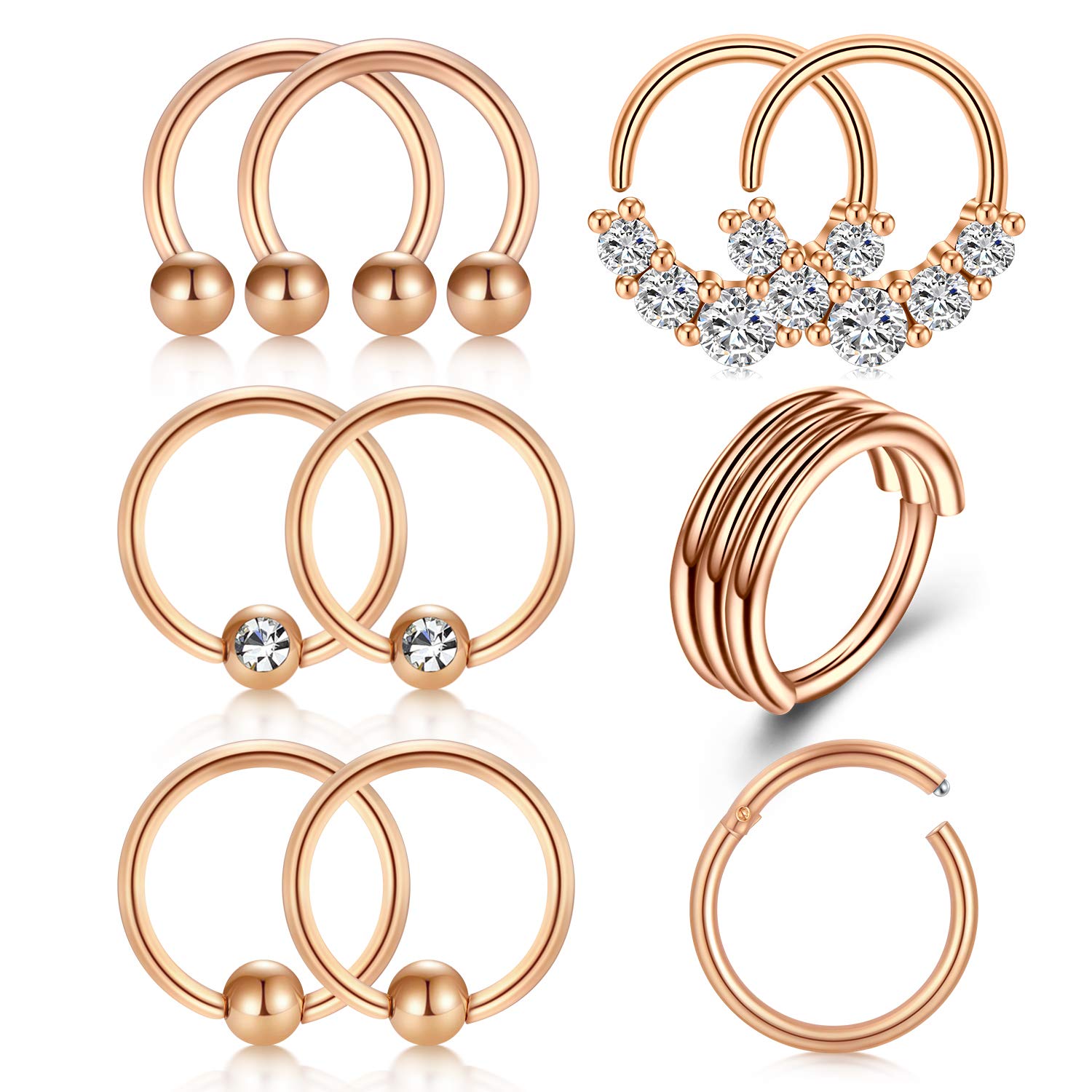 AVYRING 18G 16G Septum Rings Stainless Steel Hinged Clicker Horseshoe Captive Bead Rings Nose Lip Eyebrow Rings Cartilage Hoop Earrings - Rose gold