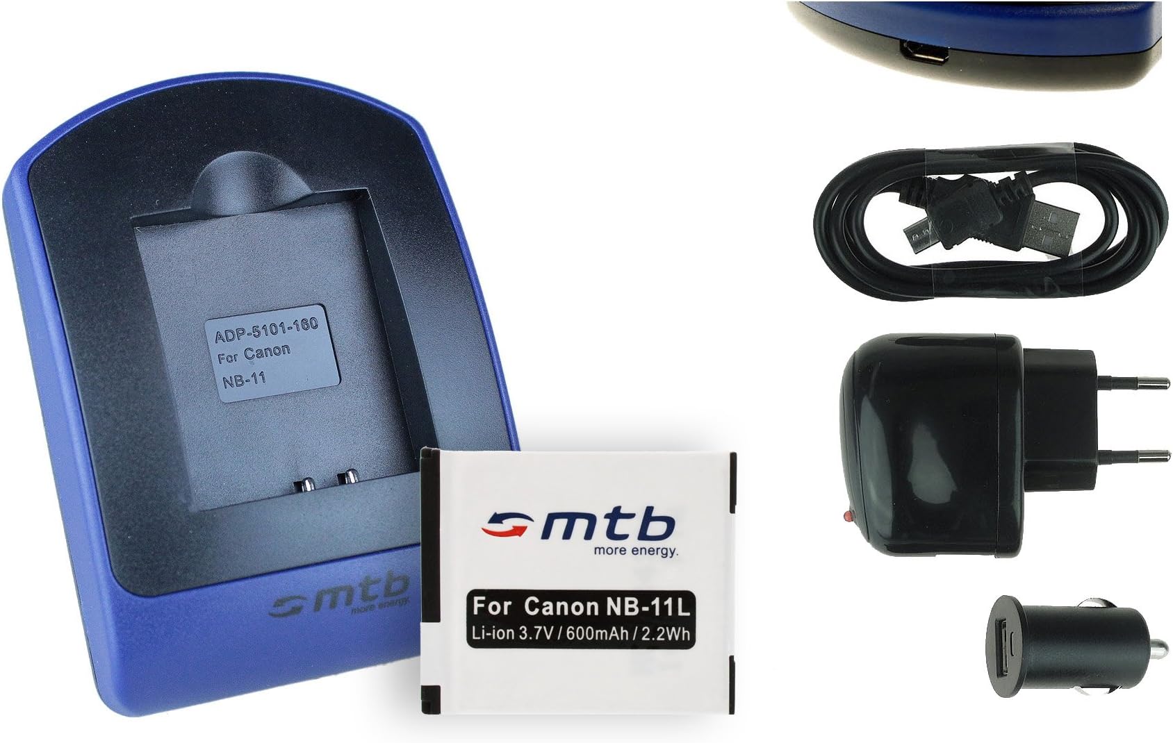 Battery + Charger (USB/Car/Current) NB-11L for Canon Ixus 125 HS, 127 HS, 132...PowerShot A2500...- V. List.