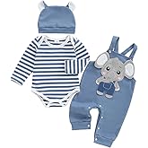 Nibbcoa Baby Boy Clothes Set Infant Striped Long Sleeve Bodysuit Top Animal Suspender Pants Hat Newborn 3Pcs Fall Outfit