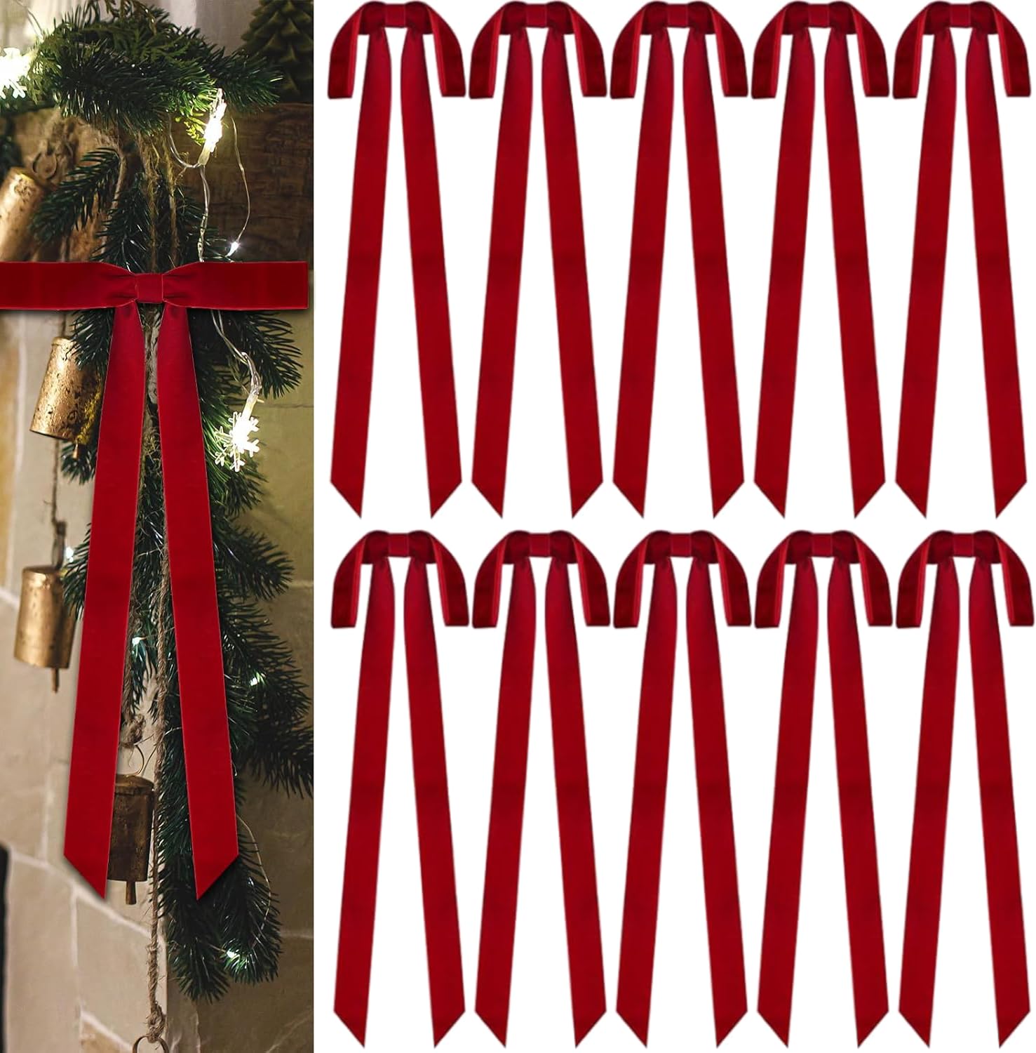 Photo 1 of 12 Pcs Christmas Velvet Bows, 24 x 12 Inch Large Velvet Christmas Wreath Bows Rustic Crafts for Xmas Home Decor Wedding (12 Pcs Wine Red, 24''x12'', Width of 1.5")