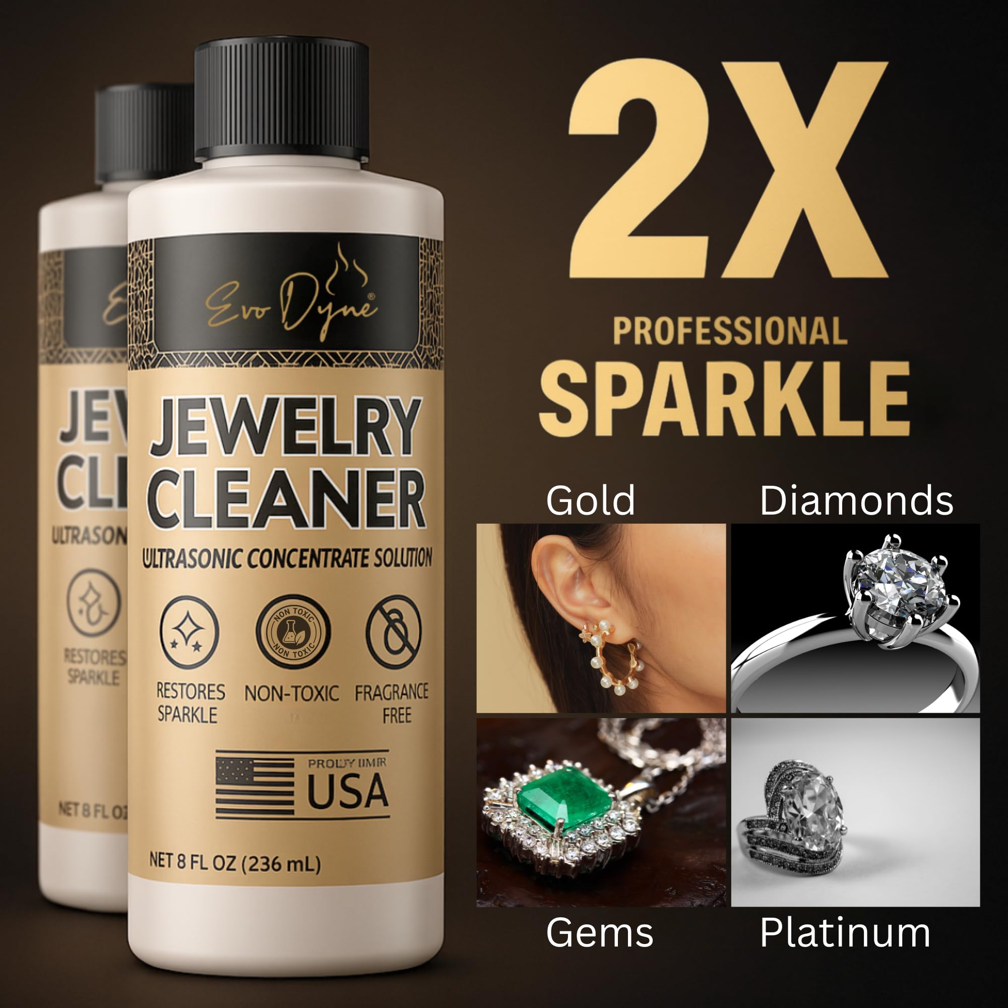 Ultrasonic Jewelry Cleaner Solution (16oz) Concentrated Jewelry Cleaner for Diamonds, Gold, Silver & More | Compatible with Ultrasonic Machine (s) - Made in USA