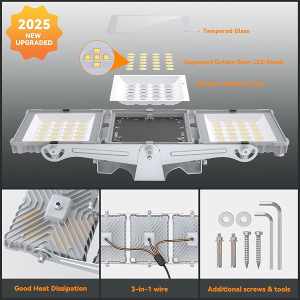 150W 2025 PLUS NEW UPGRADED LED FLOOD LIGHT OUTDOOR, 15000LM SUPER BRIGHT STADIUM LIGHTS, 6000K DAYLIGHT WHITE, IP66 WATERPROOF, 3 HEADS ADJUSTABLE OUTDOOR FLOODLIGHT FOR YARDS, ARENA, GARDEN