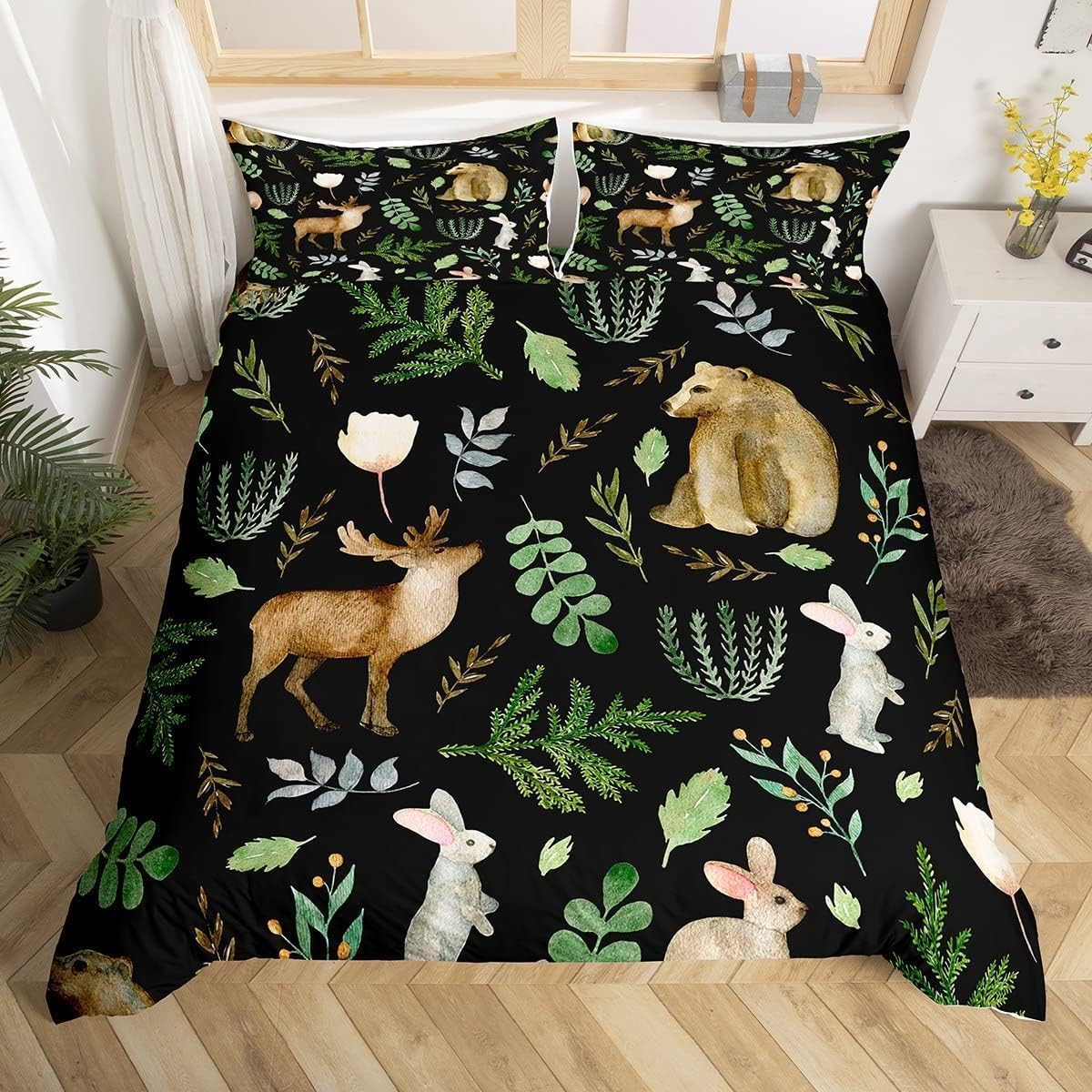 Watercolor Wild Animal Comforter Cover King Size,Deer Bear and Rabbit Print Bedding Set for Modern Room,White Flowers Green Leaves Plant Duvet Cover Set with 2 Pillowcases, Ultra Soft Bed Spread — image 1