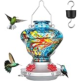Hummingbird Feeder for Outdoors with Ant Moat, Blue Hummingbird Feeder, Hand Blown Twisted Glass, 4 Bee Guard Feeding Ports with Perch, Outdoor Décor, 16OZ, Gifts for Mom Wife Dad Men Women