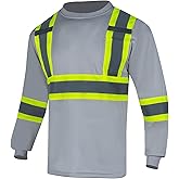 VENDACE Men's High Vis Safety Work T Shirt ANSI Class 1 Reflective Long Sleeve Shirt with Pocket(Grey,M)