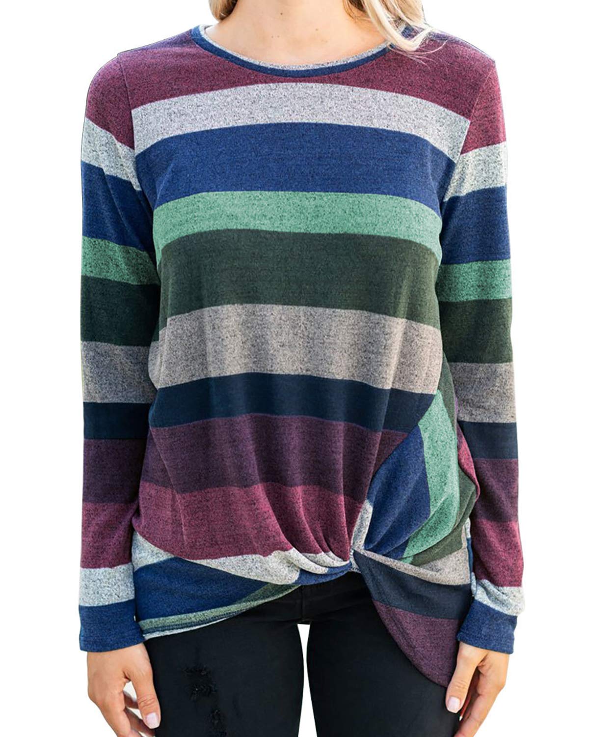Eanklosco Women\'s Striped Tops Crew Neck T Shirts Knot Front Jumper Casual Tunic Tops Short/Long Sleeve