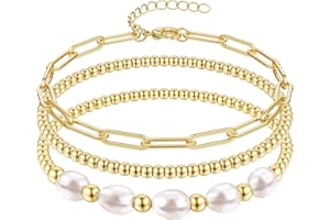 Sanfenly 5 PCS Initial Charm Bracelet for Women Gold Stack Pearl Beaded Bracelets Adjustable Colorful Paperclip Link Letter Waterproof Handmade Bracelet Summer Beach Trendy Jewelry Set (Letter A)