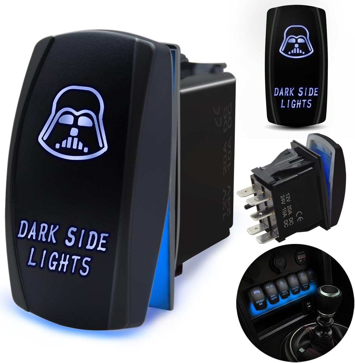 FABOOD F Waterproof 5 Pin Dark Side Lights Rocker Switch Laser SPST ON/Off Two LED Backlit Blue Light 20A 12V for Automotive Motorcycle Truck Boat Marine Off-Road ATV Replace Kit (with Jumper Wire)