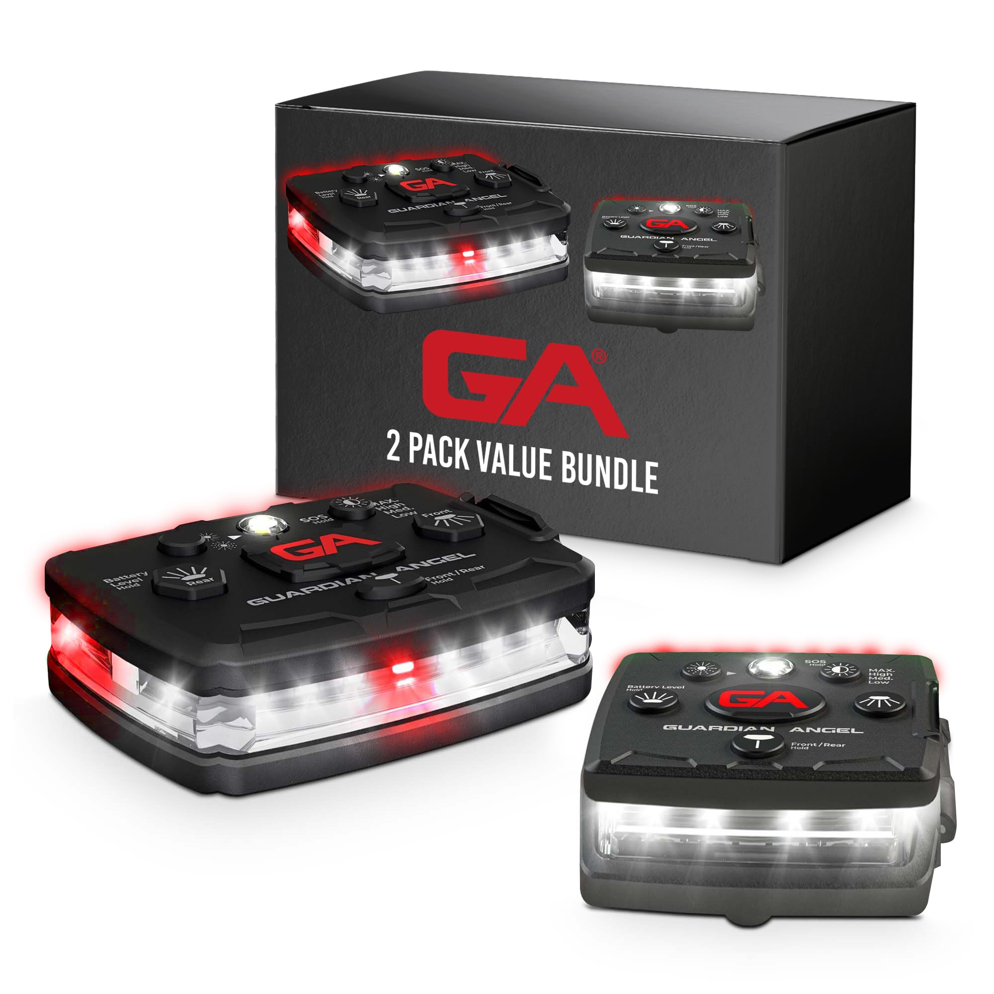 Guardian Angel Safety Light Holiday Value Bundle (2 Pack) – Elite (White Front & Red Rear) + Micro (White Front & Red Rear) – Hands-Free LED Flashlights for First Responders and Recreational Use Image