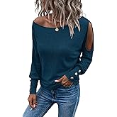 SweatyRocks Women's Cut Out Lantern Long Sleeve Tee Top Off Shoulder Plain Casual Holiday Spring Autumn Shirts