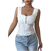 WDIRARA Women's Floral Lace Blouses Button Down Sleeveless Square Neck Tank Tops