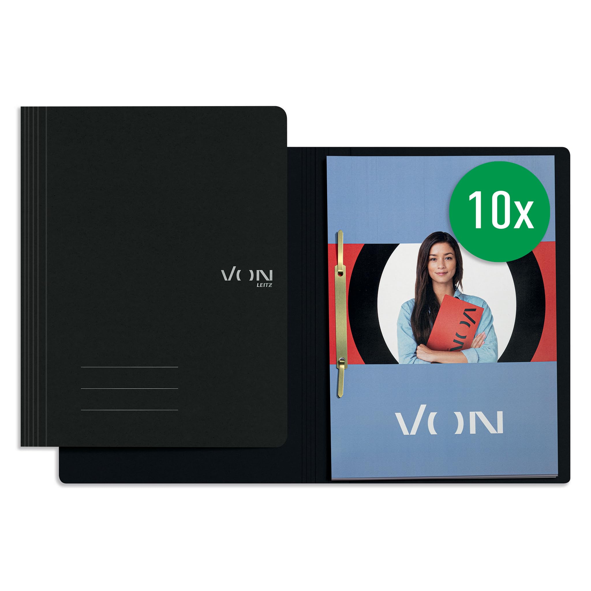 VON Leitz 30160095 A4 File Folder, 100% Recycled Cardboard, for 250 Sheets, with Stapling Mechanism, Lightweight Softcover Folder with Modern VON Print, Pack of 10, Black
