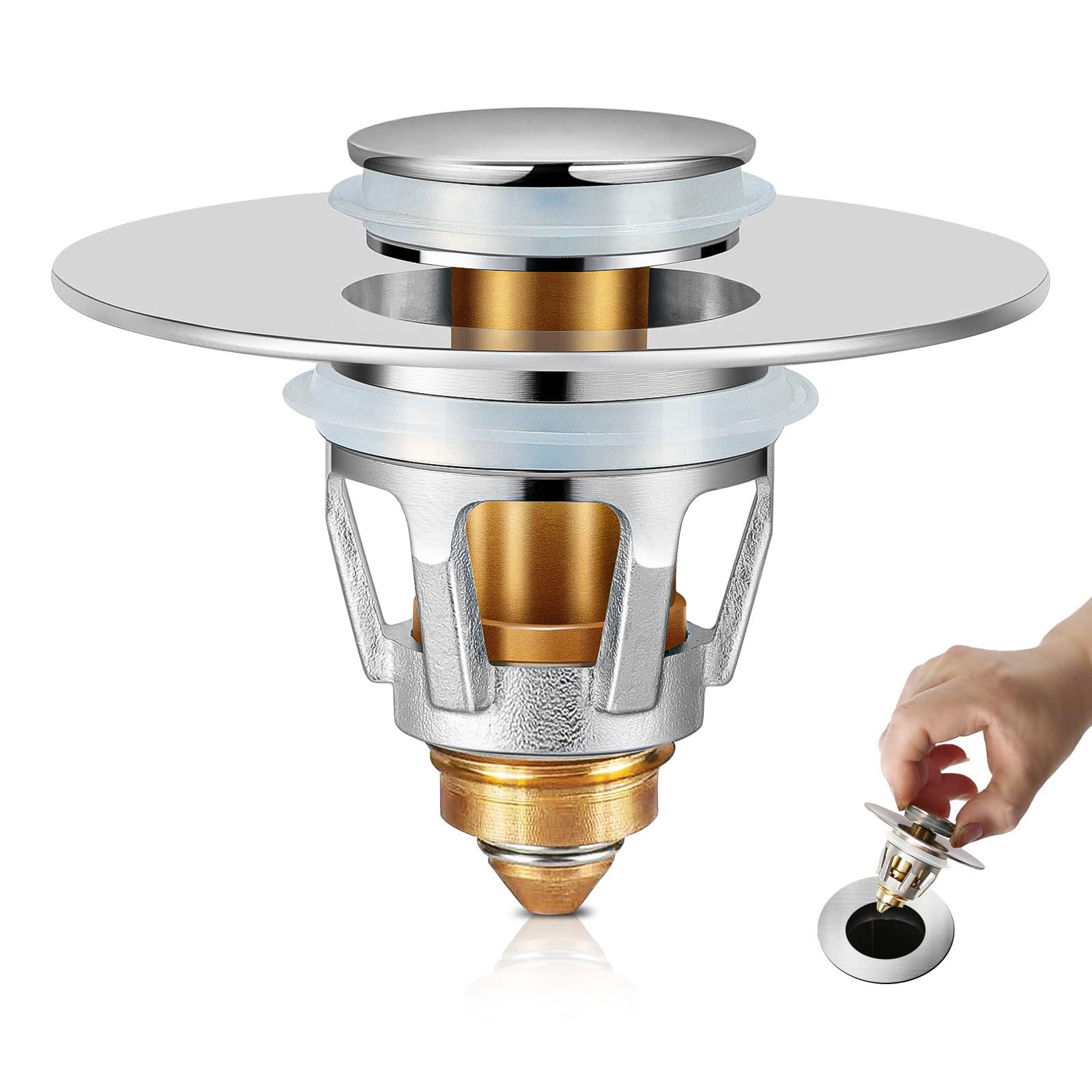 Universal Sink Plugs, Pop Up Drain Stopper with Bounce Core, 2 in 1 Stainless Steel Bathroom Sink Stopper for Wash Basin, Push-Type Sink Plug Replacement Bath Drainer Filter Plug