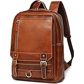 LANNSYNE Vintage Genuine Leather Backpack For Men Fits up to 15" Laptop Travel Hiking Rucksack