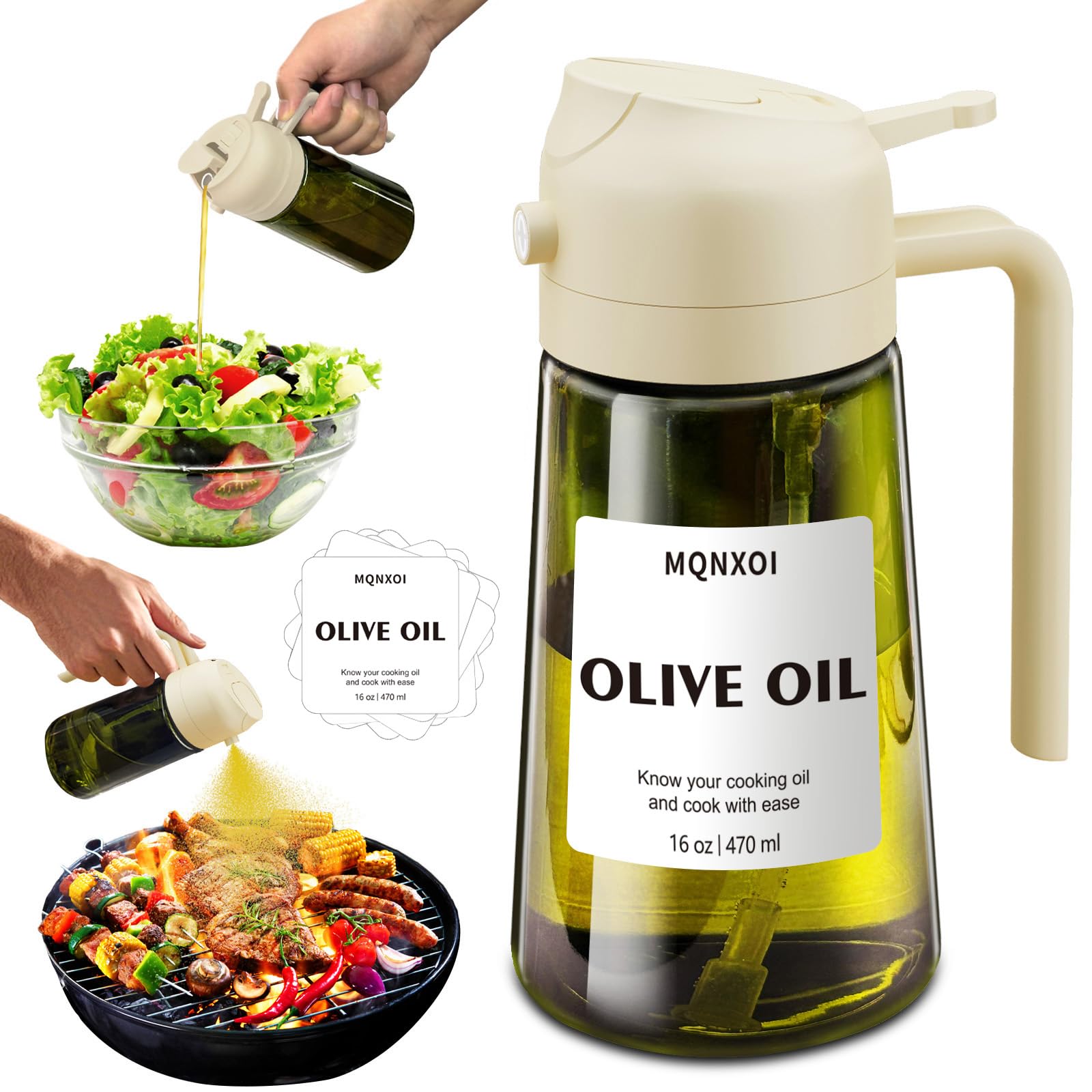 Photo 1 of 2 in 1 Glass Oil Sprayer & Dispenser,16oz/470ml Olive Cooking, Air Fryer, and Salad, for Kitchen Gadgets and Air Fryer Accessories, w/Stickers (White + Dark Green Bottle1)