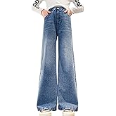 SHHYJUN Girls Baggy Wide Leg Jeans Elastic Waist Casual Washed Denim Pants Age 5-14