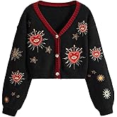 BEAUDRM Women's Cropped Cardigan Sweater Embroidered Cardigan Cropped Sweater Button Down Knit Top Outerwear