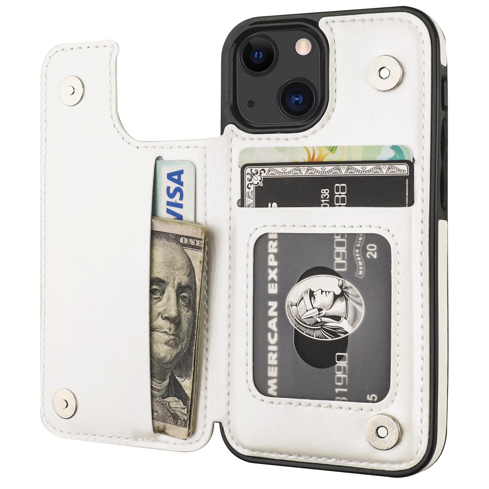 ONETOP Compatible with iPhone 13 Mini Wallet Case with Card Holder, PU Leather Kickstand Card Slots Case, Double Magnetic Clasp and Durable Shockproof Cover 5.4 Inch (White)