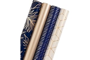 WRAPAHOLIC 30 Inch Navy Wrapping Paper - Jumbo Roll Gold and Navy Print with Cut Lines for Christmas, Birthday, Holiday, Father's Day, Baby Shower - 4 Rolls - 30 Inch x 120 Inch Per Roll