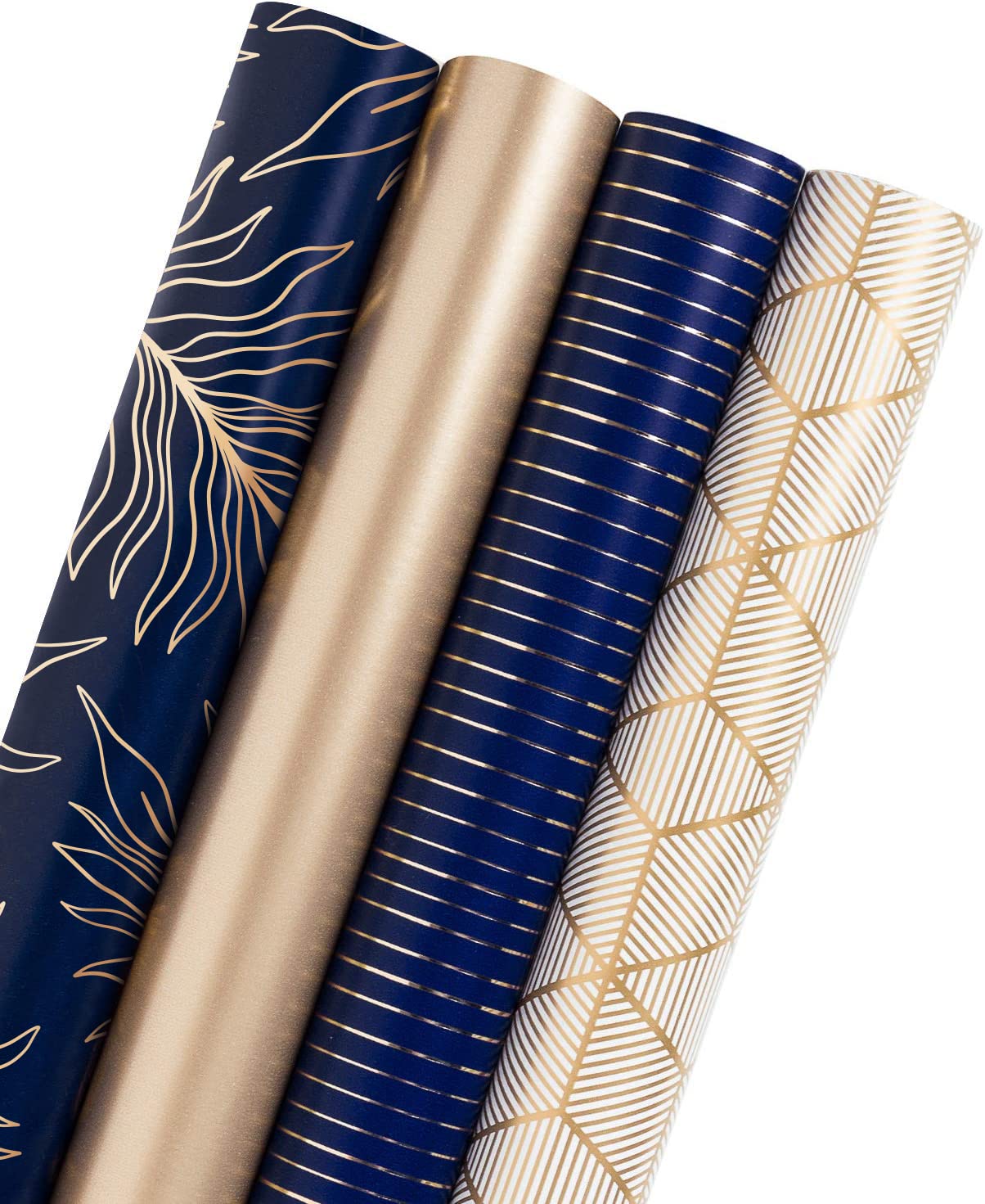 RUSPEPA Wrapping Paper Roll - Gold and Navy Print with Cut Lines - 4 Rolls - 76 cm X 305 cm Per Roll